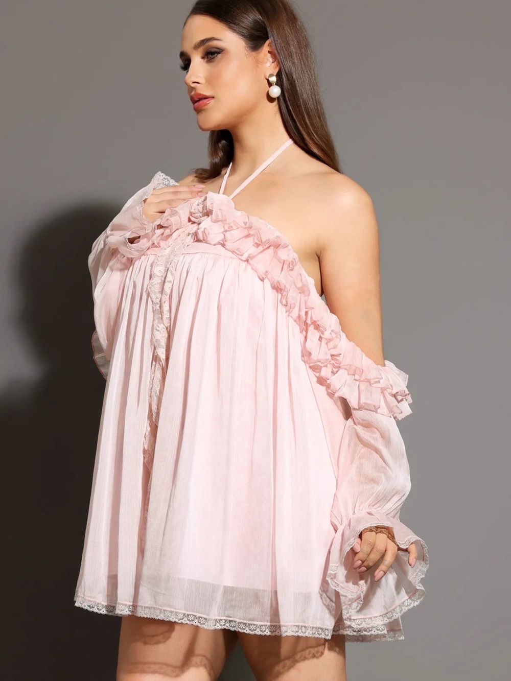 Off-Shoulder Ruffle Mini Dress in Blush Pink - Picture 2 of 5